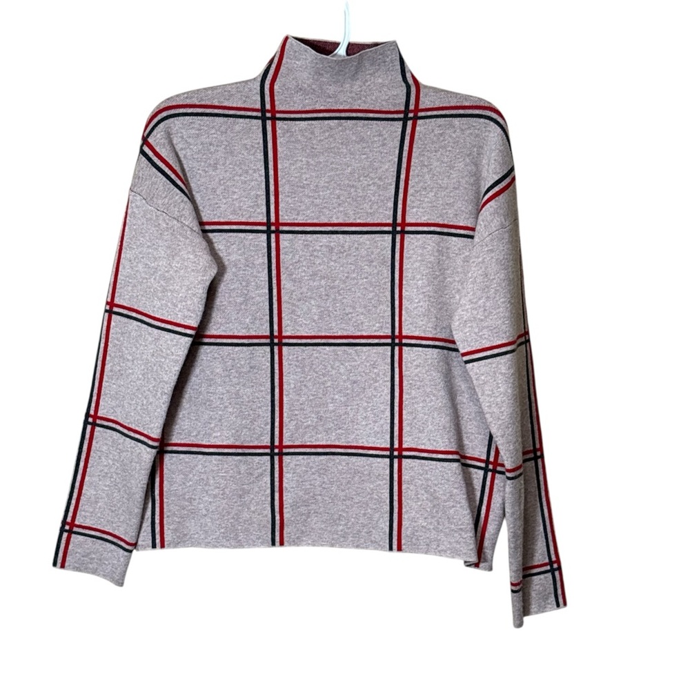 Tahari Gray and Red Plaid Turtleneck Sweater,size M